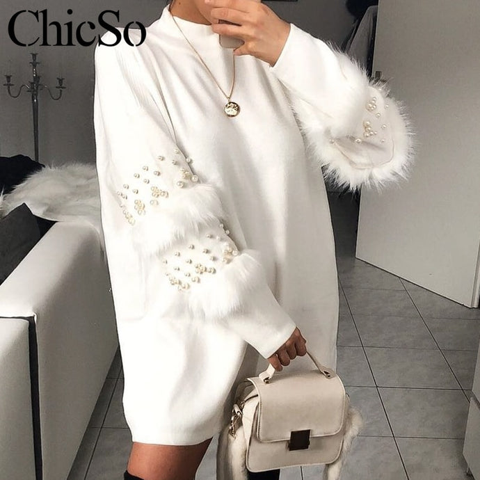 MissyChilli Pearl long sleeve knitted christmas sweater Women black white autumn winter warm sweater dress Loose casual jumper