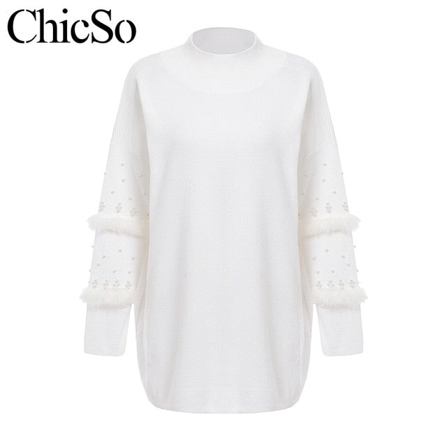 MissyChilli Pearl long sleeve knitted christmas sweater Women black white autumn winter warm sweater dress Loose casual jumper