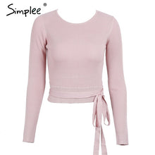 Load image into Gallery viewer, Simplee Casual tie up knitted sweater women Skinny slim knitting pull femme jumper Crop top winter sweater tricot pullover women
