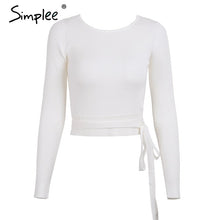 Load image into Gallery viewer, Simplee Casual tie up knitted sweater women Skinny slim knitting pull femme jumper Crop top winter sweater tricot pullover women