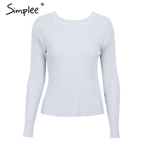 Simplee Backless bow knitted sweater women O neck casual pullover female 2017 autumn knitting jumper winter sweater pull femme