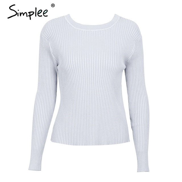 Simplee Backless bow knitted sweater women O neck casual pullover female 2017 autumn knitting jumper winter sweater pull femme
