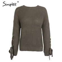 Load image into Gallery viewer, Simplee Casual o neck knitted sweater women jumper Lace up sleeve knitting pull femme 2017 autumn winter sweater pullover female