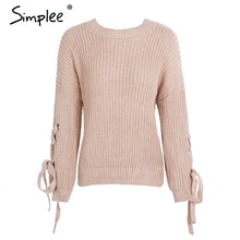 Load image into Gallery viewer, Simplee Casual o neck knitted sweater women jumper Lace up sleeve knitting pull femme 2017 autumn winter sweater pullover female