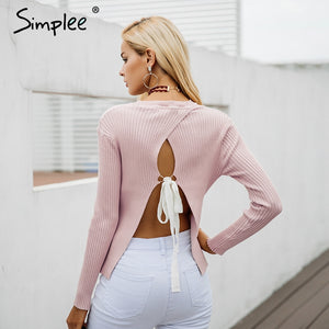 Simplee Backless bow knitted sweater women O neck casual pullover female 2017 autumn knitting jumper winter sweater pull femme